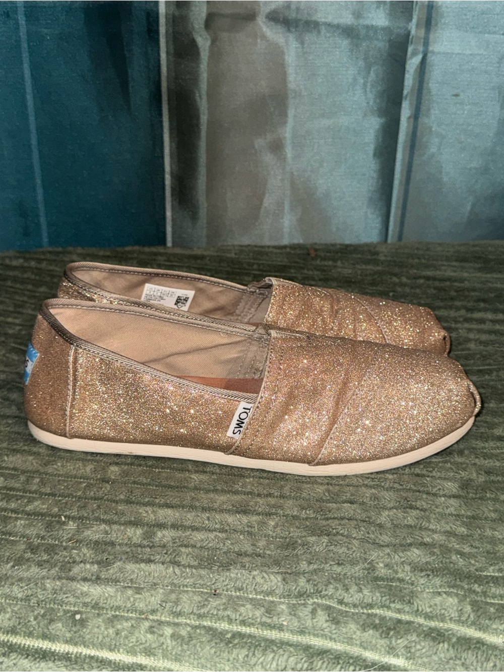 TOMS Glitter Slip-Ons in Rose-Gold Sparkle